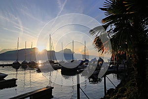 Vitznau boat harbor on Lake Lucerne at dusk. Switzerland, Europe.