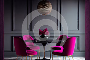 Viva magenta 2023 colour dining room. Black dark wall, white table and colorful carmine red crimson chairs. Empty wall