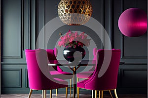 Viva magenta 2023 colour dining room. Black dark wall, white table and colorful carmine red crimson chairs. Empty wall