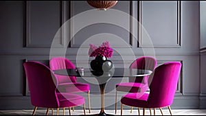 Viva magenta 2023 colour dining room. Black dark wall, white table and colorful carmine red crimson chairs. Empty wall