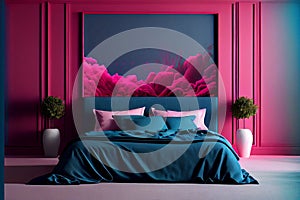 viva magenta bedroom interior. Bedside table . Bright bedroom. Pantone .