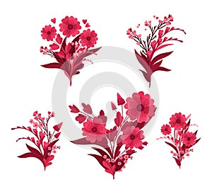 Viva Magenta! Floral Arrangements. Blooming Red and Pink meadow compositions - flowers leaves and hearts