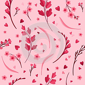 Viva Magenta! Floral Seamless Pattern. Blooming Flowers, Red and Pink Leaves and Hearts.