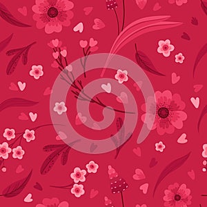 Viva Magenta! Floral Seamless Pattern. Blooming Flowers, Red and Pink Leaves and Hearts.