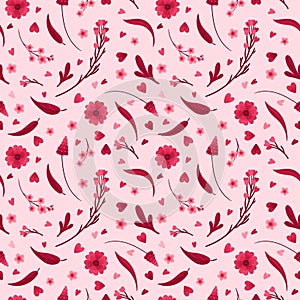 Viva Magenta! Floral Seamless Pattern. Blooming Flowers, Red and Pink Leaves and Hearts.