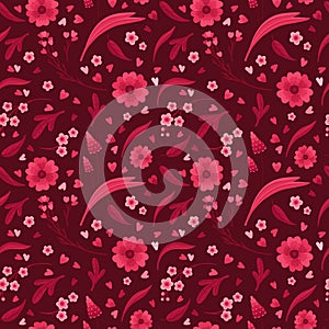 Viva Magenta! Floral Seamless Pattern. Blooming Flowers, Red and Pink Leaves and Hearts.