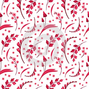 Viva Magenta! Floral Seamless Pattern. Blooming Flowers, Red and Pink Leaves and Hearts. V