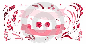 Viva Magenta! Flowers and Empty Ribbons. Blooming meadow wildflowers, Red and Pink leaves and hearts. Isolated vector clipart