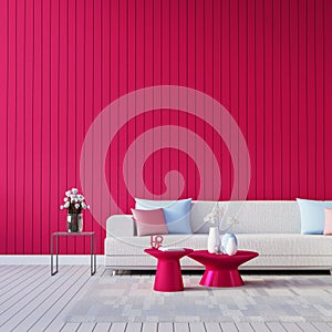Viva Magenta red wall color of the year 2023 living room interior - 3D rendering