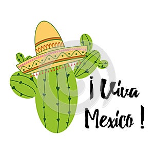 Viva Mexico colorful festive banner with cactus, sombrero. Bright vector card, sign, print, logo, label photo