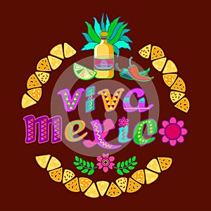 Viva Mexico, decorated logo. Cartoon letters, tequila, nachos. Vector illustration.