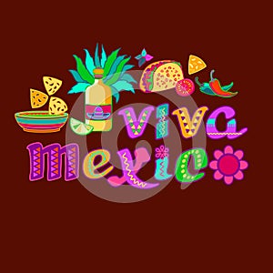 Viva Mexico, decorated logo. Cartoon letters, tequila, nachos. Vector illustration.