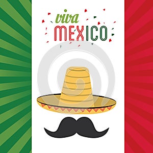 Viva mexico greeting hat mustache flag background
