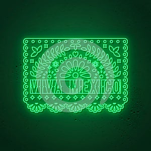 Viva Mexico neon sign. Decorative Papel picado card in neon style. photo