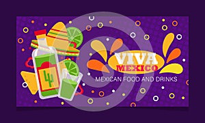 Viva mexico poster with tequila illustration. Vector promotion banner