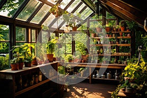 A vivacious greenhouse bursting with an array of plants and potted greenery, greenhouse with plants, indoor gardening, AI