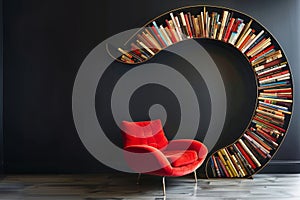A vivacious wall filled with books, arranged in a rounded formation, with a red comfortable chair