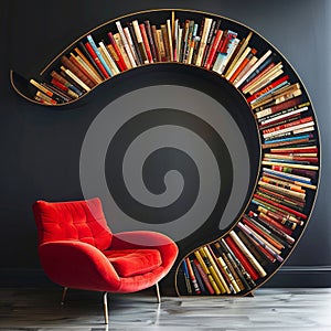 A vivacious wall filled with books, arranged in a rounded formation, with a red comfortable chair