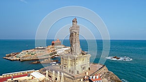 Vivekananda Rock Memorial and Thiruvalluvar Statue Aerial View in Kanyakumari see, India