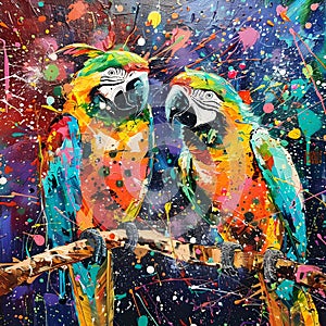 Colorful Abstract Art of Twin Parrots on Perch, Vibrant Expressionism Painting for Decor. Creative Avian Theme. AI