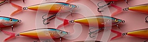 Vivid Array of Fishing Lures with Hooks on Pink Background Multiple Angling Baits for Fish Catching photo