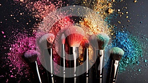 A vivid array of makeup powders and brushes on a dark background.