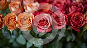 Vivid Array Of Roses In Hues Of Peach, Orange, And Red, Bloom Amidst Lush Green Leaves