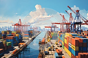 A vivid artwork capturing a bustling harbor lined with numerous shipping containers, View of the port showing rows of cargo