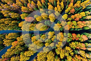 Vivid autumn colors seen through a drone lens soaring above a forest canopy. AI generated.