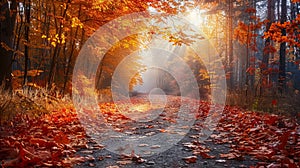 Vivid autumn forest path with sunlit leaves, sharp details for scenic photography