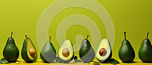Vivid avocados in striking array against a minimalist vibrant green backdro
