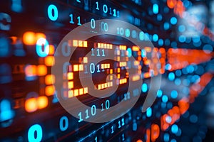 Abstract digital binary code in blue and orange glowing lights at night