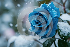 Vivid blue rose dusted with fresh snowflakes, set against a wintry backdrop