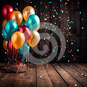 Vivid celebration balloons and confetti pop against wooden background