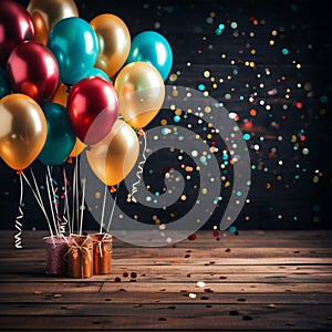 Vivid celebration balloons and confetti pop against wooden background