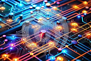 Vibrant Circuitry: A Colorful Dance of Data Flow and Digital Patterns. The Image Showcases a Vivid Circuit Board, with Glowing photo