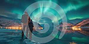 Vivid close-up of a father and son tourists photographing Norwayâ€™s Northern Lights, rear side photo