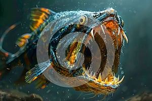Vivid Close up of Predatory Fish with Sharp Teeth in Murky Waters Underwater Wildlife Photography
