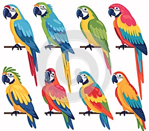 Vivid collection cartoon parrots, multiple poses. Bright colorful feathers, tropical birds