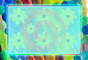 vivid colorful abstract background with 3d balls with color reflection, transparent frame in the middle with glow