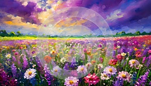 A vivid and colorful digital painting of a blooming flower field under a purple sky.