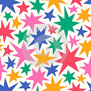Vivid colorful hand drawn stars and sparks seamless pattern