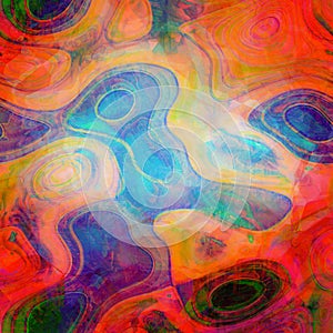 Vivid colorful swirl and circles oil art shapes, psychedelic colors design in red yellow and blue
