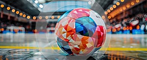 The vivid colors of a futsal ball in the foreground, with the indoor arena and its enthusiastic spectators softly
