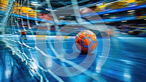 The vivid colors of a futsal ball in the foreground, with the indoor arena and its enthusiastic spectators softly