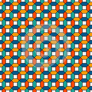 Vivid colors repeated hexagon tiles mosaic wallpaper. Seamless surface pattern with bright contemporary geometric print.