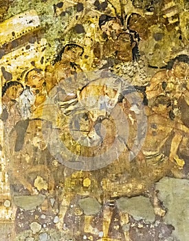 Vivid colours, mural wall-painting The paintings in the Ajanta caves predominantly narrates the Jataka tales, India