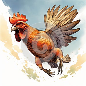 Vivid Comic Book Style Chicken Flying Drawing By Alejandro Burdisio