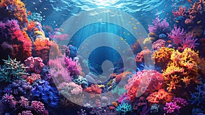 Vivid coral reef in ocean waters. Colorful corals. Concept of marine life, underwater biodiversity, tropical ecosystem
