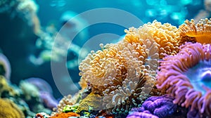 Vivid coral reef in ocean waters. Concept of marine life, underwater biodiversity, tropical ecosystem, and natural